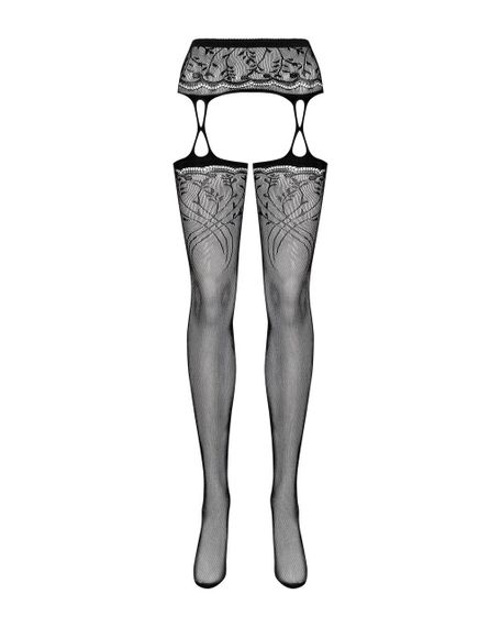 Панчохи-стокінги з рослинним малюнком Obsessive Garter stockings S206 black чорні, імітація га, S/M/L | Зображення 4