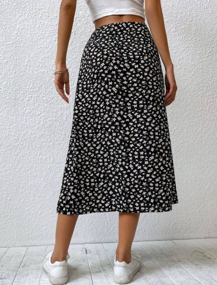 Женская летняя легкая юбка миди с разрезом с цветочным принтом AG150 размер 46/48 цвет черный | Зображення 3