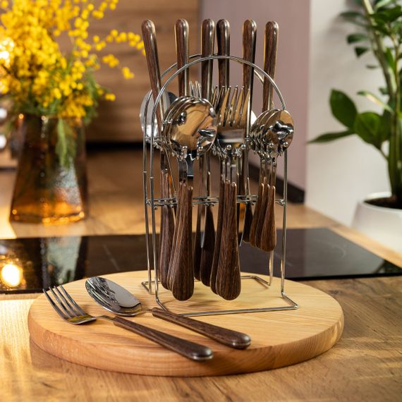 Набор столовых приборов на 6 персон с деревянными ручками на подставке столовые приборы 24 шт Серебро HP-20-1 | Зображення 5