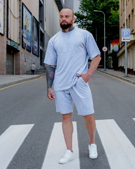 Мужской летний костюм оверсайз с шортами и футболкой BD0023 цвет серый, размер S