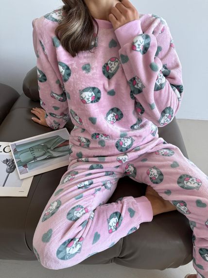 Домашня тепла жіноча піжама COSY Мяу-Лав з велсофта | Зображення 1