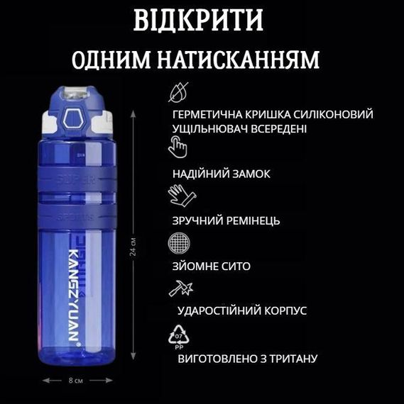 Спортивна пляшка KANGZYUAN 700 мл — Синя Tritan BPA-free, ударостійка еко-пляшка з трубочкою та ремінцем | Зображення 3