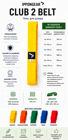 Жовтий пояс для дзюдо IPPONGEAR, серія CLUB 2, довжина 300 см | Зображення 6