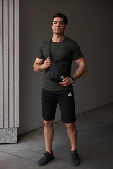 Комплект чоловічий Adidas: футболка хакі + шорти чорні + барсетка чорна (9514251520)