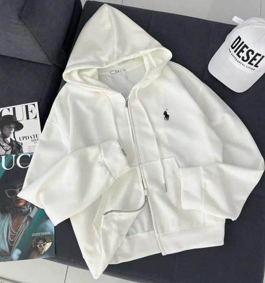 Жіноче зип-худі толстовка оверсайз з подвійною блискавкою з капюшоном та кишенями колір білий розмір 42/48 HI2761