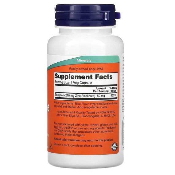 Микроэлемент Цинк NOW Foods Zinc Picolinate 50 mg 60 Caps | Зображення 1