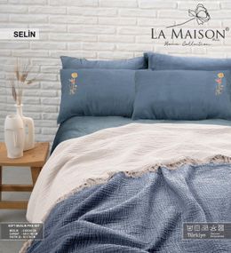 Комплект постільної білизни з пледом La Maison 230×240 Selin Mavi - Ekru