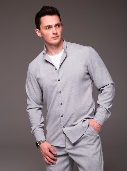 Чоловіча вельветова сорочка з коміром стійка та довгим рукавом на ґудзиках колір сірий, розмір XL RA2334 | Зображення 3