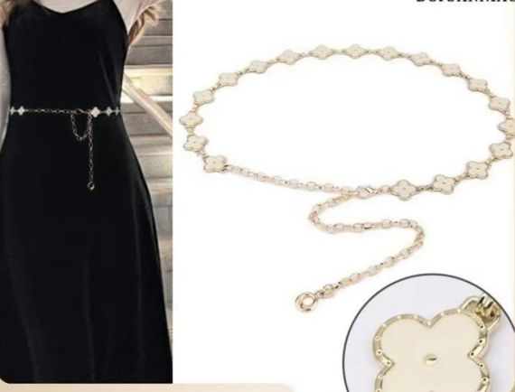 Стильний пояс ланцюжок двосторонній чотирьохлисник gold black/white | Зображення 8