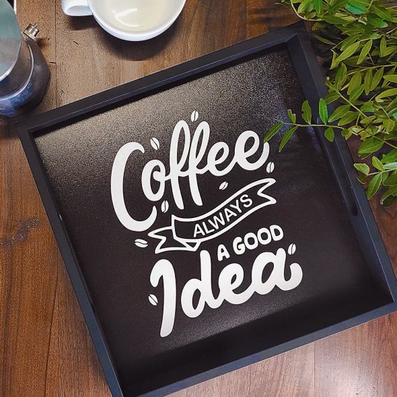 Поднос деревянный с принтом Coffee always a good idea 33х33х4 см (PDN_19N002_BL)
