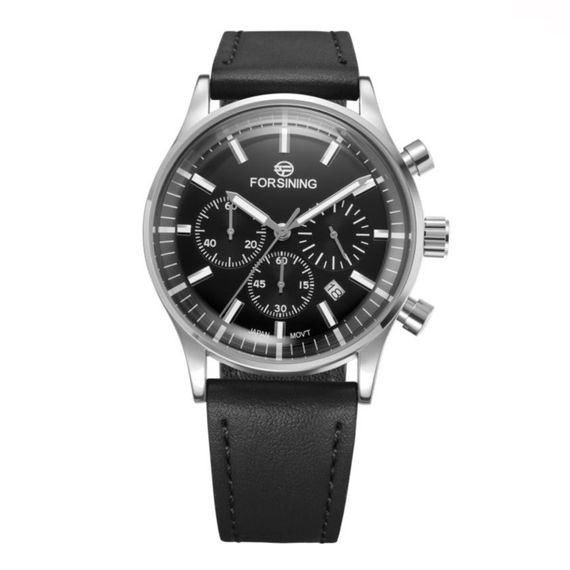 Чоловічий годинник Forsining 8311 Black-Silver з хронографом та шкіряним ремінцем