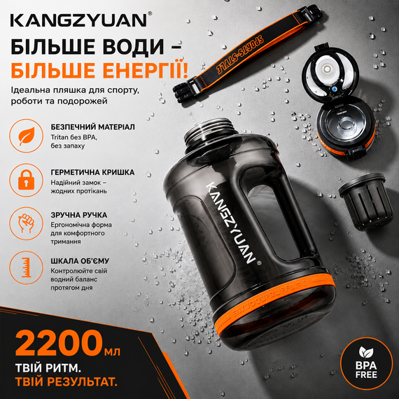 Бутылка для воды KANGZYUAN 2200 мл Tritan BPA Free Черная (с ручкой и ремешком) | Зображення 3