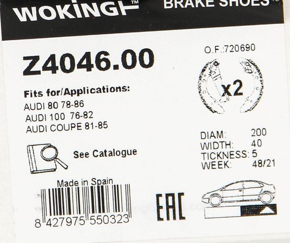 Гальмівні колодки 100/80/Cordoba/Fabia/Felicia/Fox/Ibiza/Lupo/Passat (76-15), WOKING (Z404600) | Зображення 3