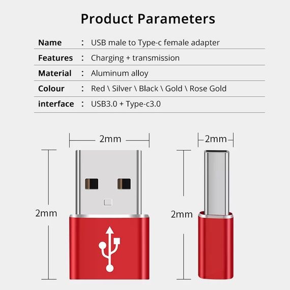 Переходник с USB на Type-C OTG, USB Type-C. Красный | Зображення 2