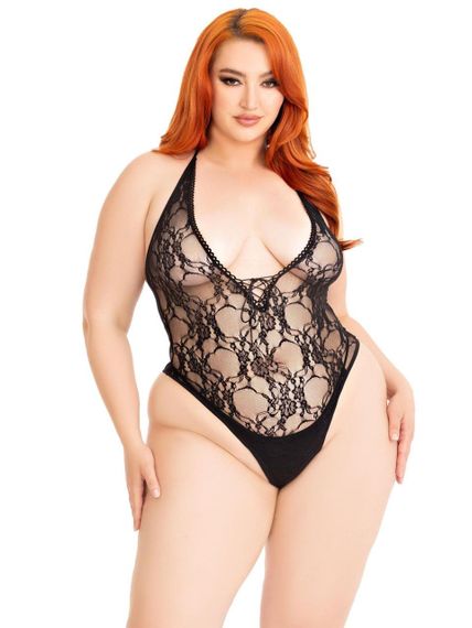 Тедді Leg Avenue Floral lace deep-V teddy, 1X/2X, чорне, мереживне, відкрита спина, високі трусики Sex Aura