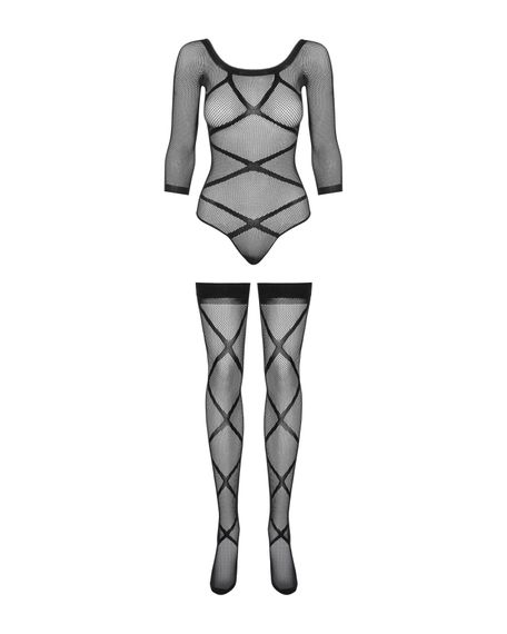 Бодістокінг Obsessive Bodystocking G320 S/M/L, панчохи, боді, декор у вигляді ліній | Зображення 4