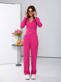 Женский костюм кроп-топ и свободные брюки палаццо трикотаж рубчик, UH376 размер 46/48, цвет розовый