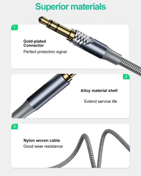 Аудіокабель AUX 3.5 мм Ploiwue 2 шт по 3 м, плетений, для навушників, смартфонів, авто, ПК | Зображення 3