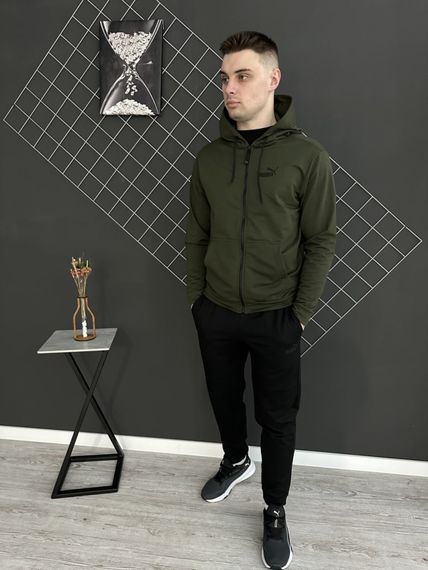 Комплект 3 в 1 Демісезонний спортивний костюм Puma кофта на змійці хакі + чорні штани (двонитка) + Футболка чорна Puma | Зображення 1