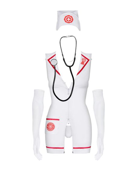 Еротичний костюм медсестри Obsessive Emergency dress S/M, white, сукня, стринги, рукавички, чепчик, Sex Aura | Зображення 1