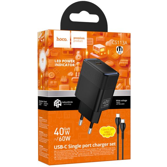 СЗУ Hoco CS113A Lounge PD40W (1USB-C) + кабель Type-C to Type-C Black | Зображення 2