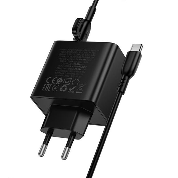 МЗП Borofone BAS17A Erudite PD65W+QC3.0 (1USB-A/1C) + кабель Type-C to Type-C Black | Зображення 6
