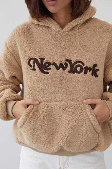 Женское худи с экомеха и надписью New York - светло-коричневый цвет, L (есть размеры) | Зображення 3