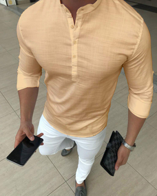 Сорочка льон довгий рукав бежевий S M