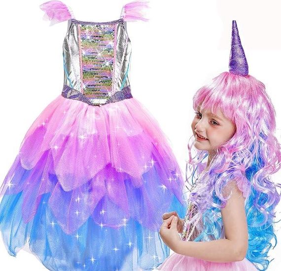 Костюм Єдинорога, карнавальна сукня для дівчаток з кольоровою перукою і фатином для свят, вечірок, вистав, гелловіна