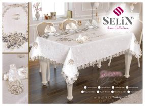 Велюрова скатертина Selin Gizem Set 160×220+8 серветок Кремова