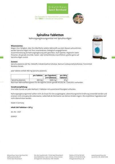 Спирулина Sanct Bernhard «Spirulina» 400 мг., 360 таблеток, Германия | Зображення 1