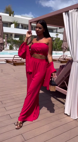 Женский летний костюм тройка брюки палаццо + рубашка + топ-бандо LY25030 цвет красный, размер 46/48 | Зображення 3