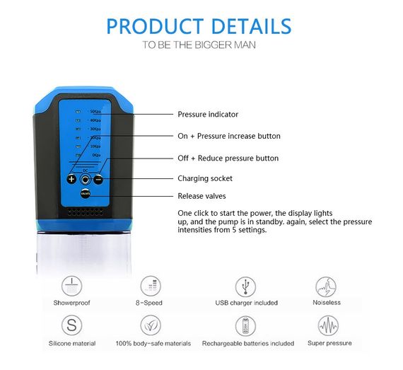 Автоматична вакуумна помпа із зарядкою від USB CANWIN Passion Pump Men BLUE - P638AU Sex Aura | Зображення 5