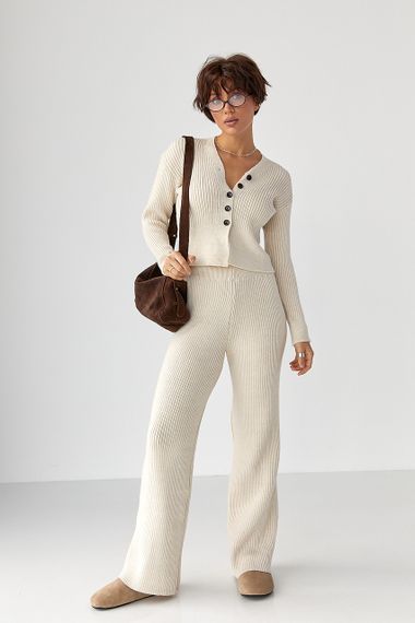 Трикотажний костюм у рубчик із кардиганом і штанами палаццо - молочний цвет, ONE SIZE (є розміри)