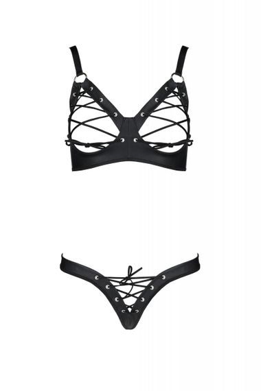 Комплект из экокожи Passion CELINE BIKINI 6XL/7XL black, открытый бра, стринги со шнуровкой sexstyle | Зображення 2