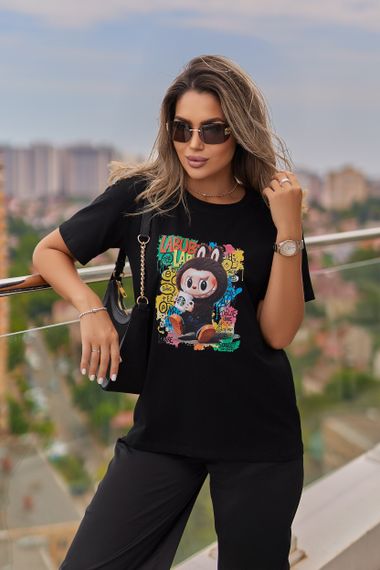 Жіноча футболка з принтом Labubu колір чорний, розмір 54/56, GF05257