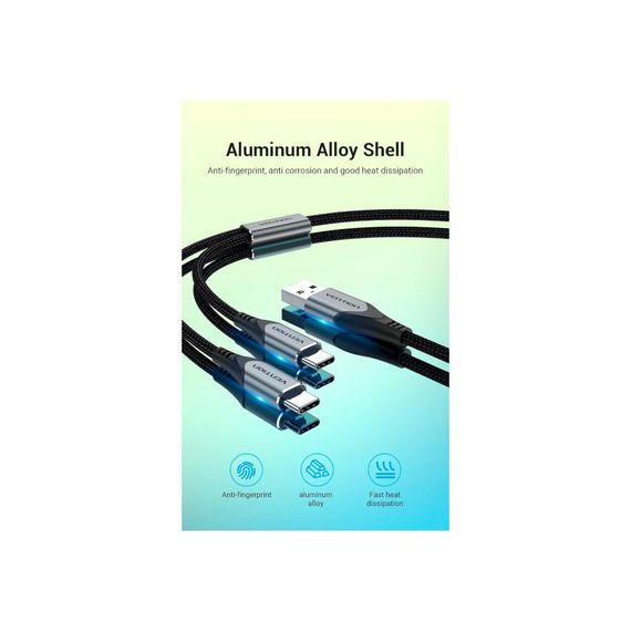 Дата кабель USB 2.0 AM to 2хUSB-C M 1.0m Y-Splitter Charging Cable 2.4А 480Mbps Aluminum Al Vention (CQOHF) | Зображення 4