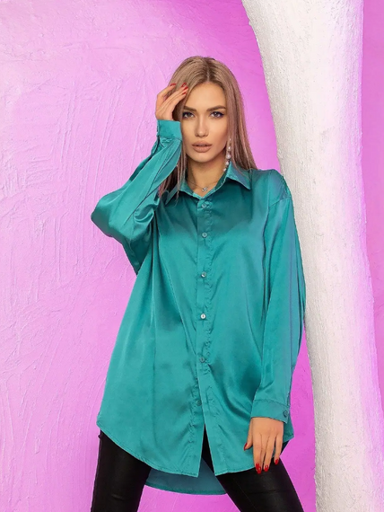 Женская шелковая блуза-рубашка длинная в стиле оверсайз MI544 цвет бирюзовый, размер 48/52 | Зображення 1
