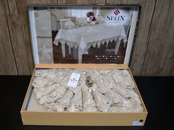 Льняная скатерть с ранером Selin Cagla Set 160×350+12 салфеток Бежевая | Зображення 1