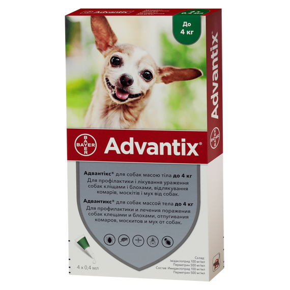 Advantix Капли от блох и клещей для собак весом до 4кг 1амп.0,4мл