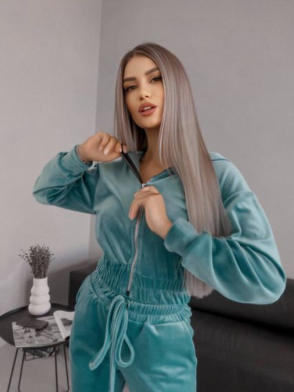 Женский спортивный велюровый костюм с укороченной кофтой LM10364 цвет бирюзовый, размер 42/44 | Зображення 2