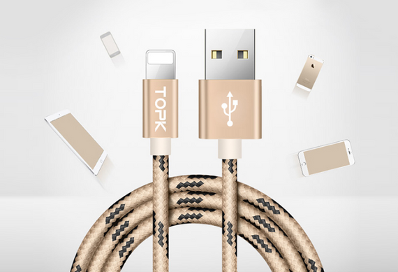 Кабель TOPK Nylon USB Lightning 3m - Gold | Зображення 1