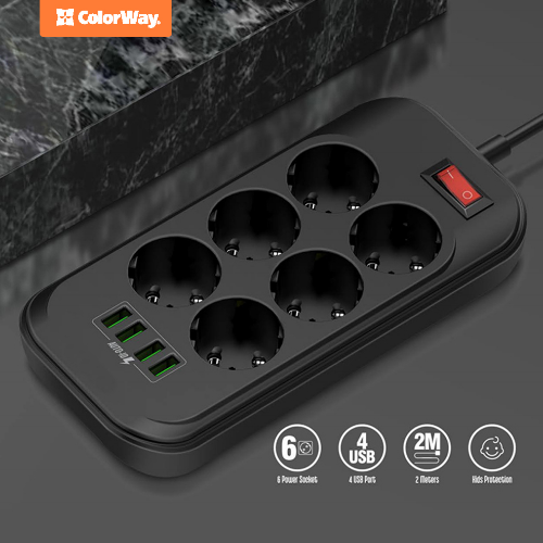 Фільтр мережевий 6 розеток/4USB 2м чорний CW-CHE64B ColorWay | Зображення 1