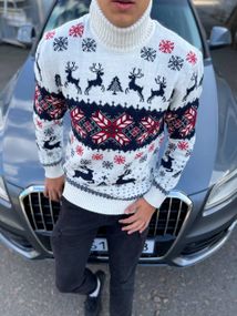 Мужской новогодний свитер с оленями в узорах PA2655 цвет белый, размер L