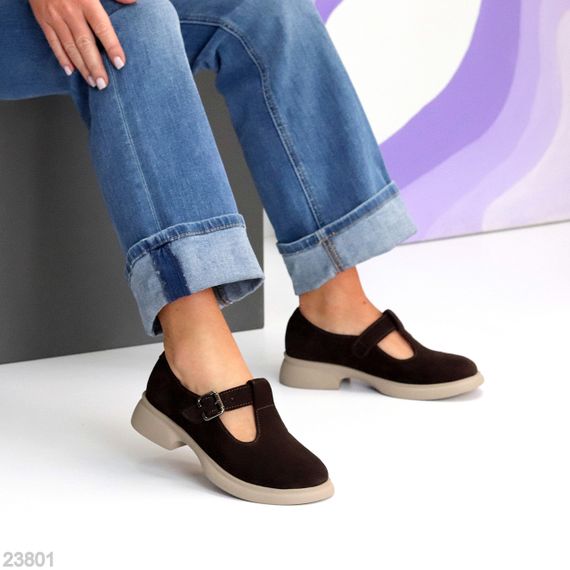 Замшеві демі туфлі на ремінці натуральна замша низький хід колір Шоколад | Зображення 5