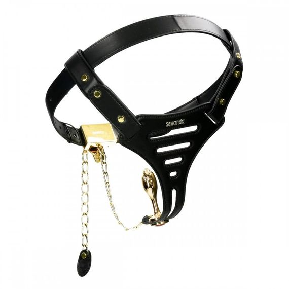 Пояс вірності жіночий з анальною пробкою S Beg & Ask Sevanda, із замком, шкіра та метал, чорний sexstyle