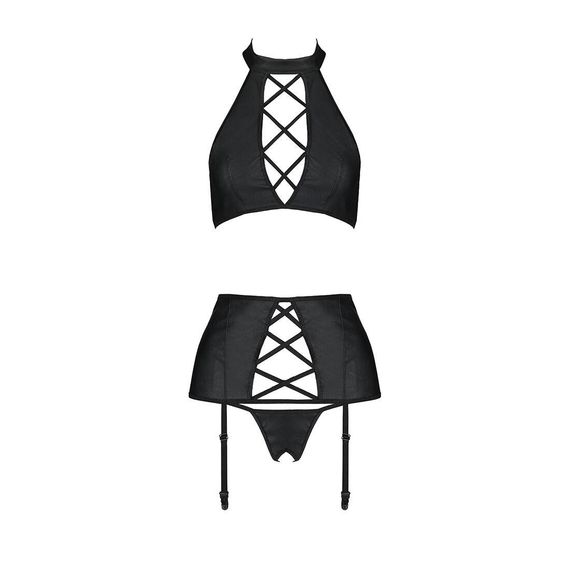 Комплект з еко-шкіри з імітацією шнурівки Nancy Set black L/XL - Passion топ, трусики та пояс для па, L/XL | Зображення 2