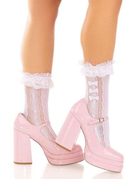 Шкарпетки ажурні Leg Avenue Mini Bow Lace Anklet, білі, з рюшами, декор — бантики | Зображення 1