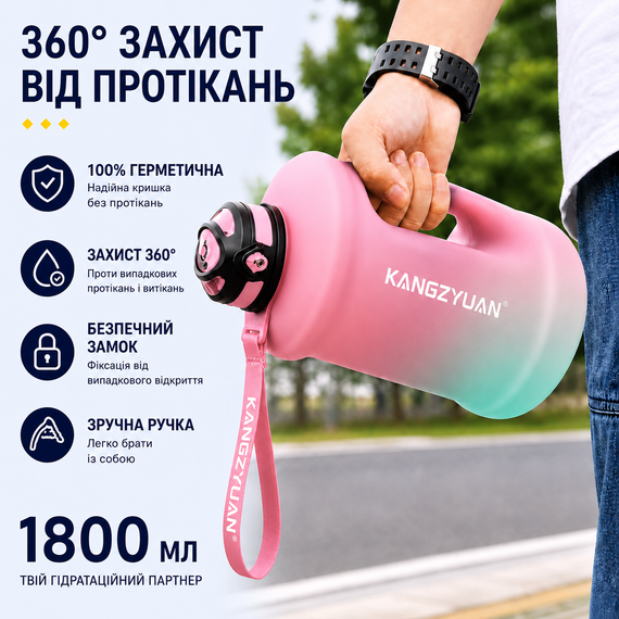 Спортивная бутылка для воды KANGZYUAN 1800 мл (1,8л) Розовый градиент (BPA Free) Tritan | Зображення 2