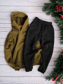 Женский теплый спортивный костюм на флисе DA2455 размер S цвет хаки-черный